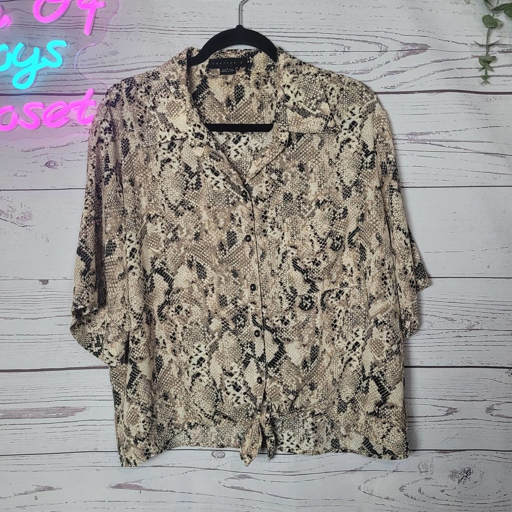 Sanctuary‎ Snakeskin Print Short Sleeve Front Tie Boxy Top Womans Size Large